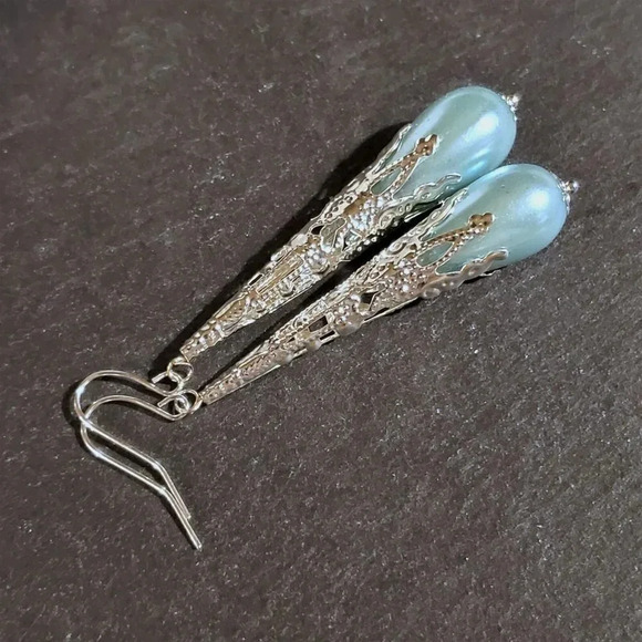 Sustainable Lacy Silver Filigree Light Blue Faux Pearl Long Teardrop Earrings - Picture 2 of 6